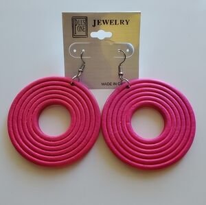 Hot Pink Spiral Hoop Wood Earrings with Mod Design